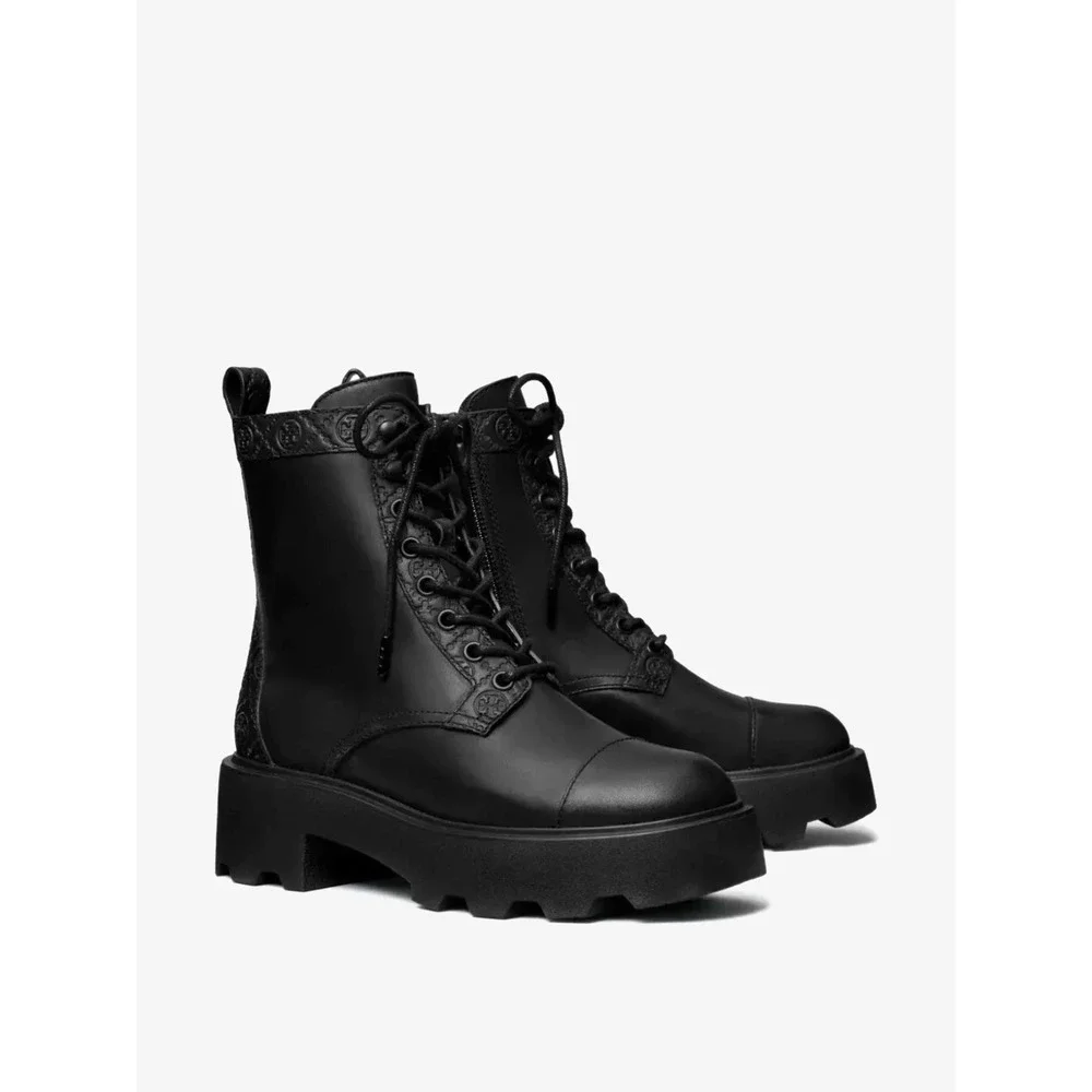 NEW Tory Burch Lug Ankle Boot Womens 9 Black T Monogram Vachetta Leather 178112